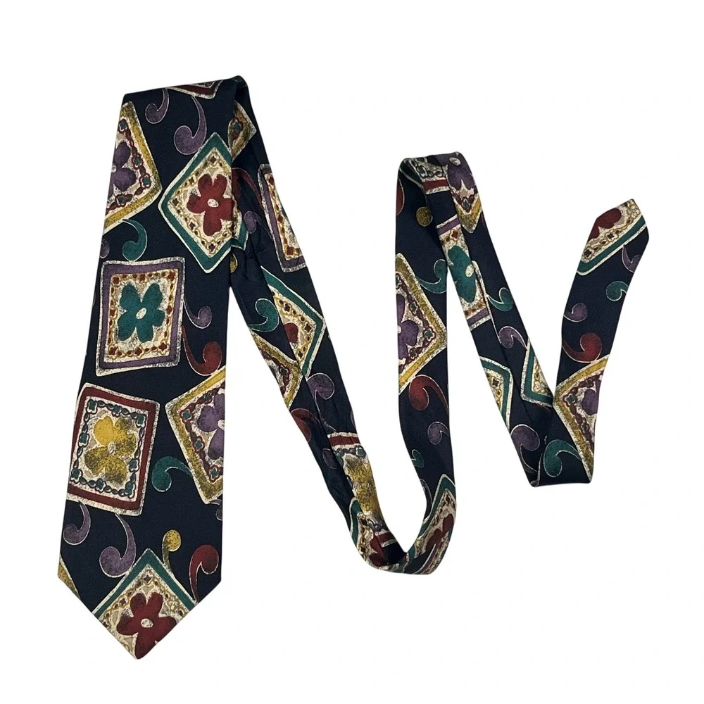 Adolfo‎ Mens Silk Tie Navy Blue Abstract Geometric Floral Pattern Made in USA